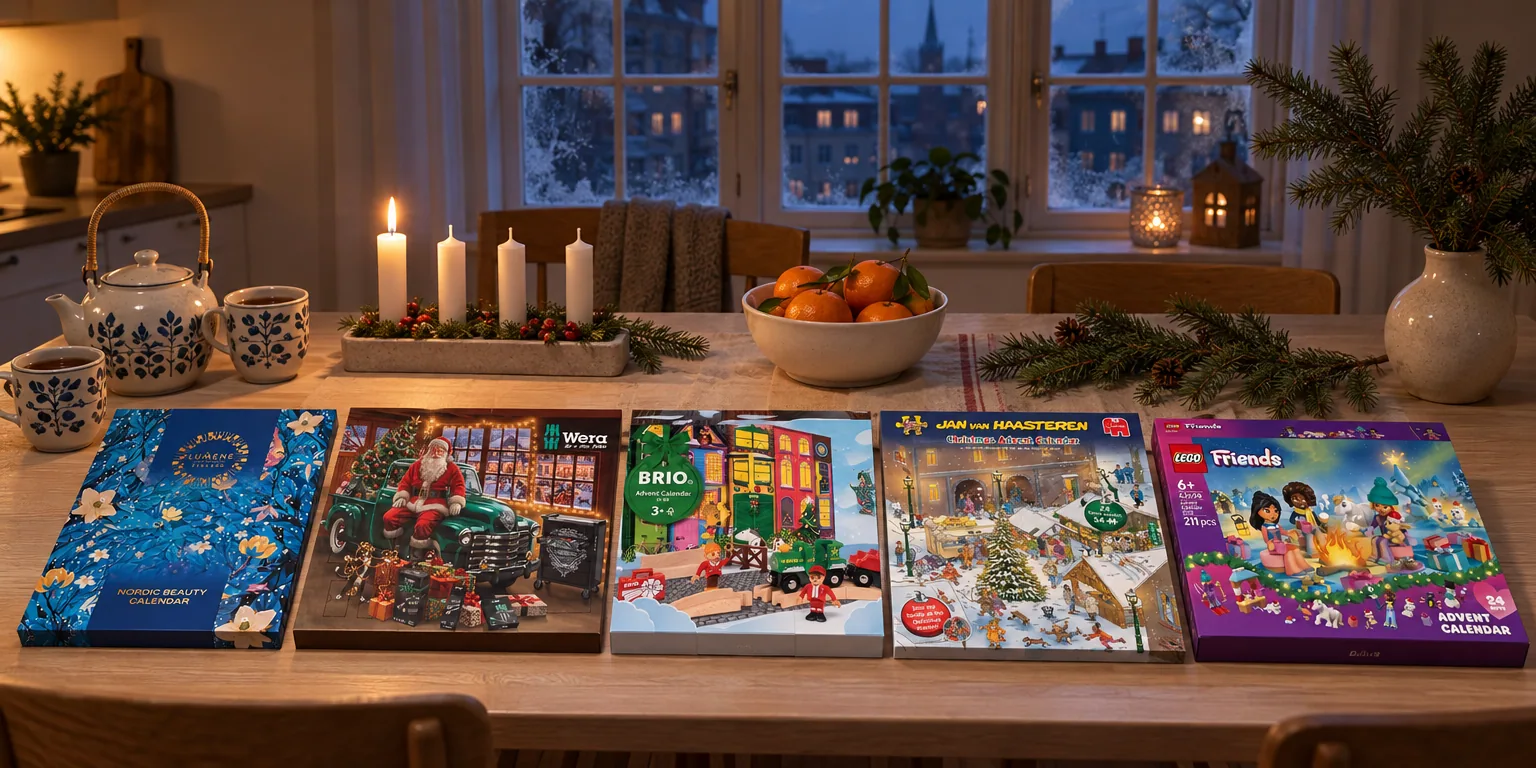 Testvinnarna från testet av adventskalender: Lumene Nordic Beauty Calendar 2026, Wera Advent Calendar 2026, BRIO Advent Calendar 36165, Jan Van Haasteren Advent Calendar 2026, LEGO Friends Adventskalender 42698 2026
