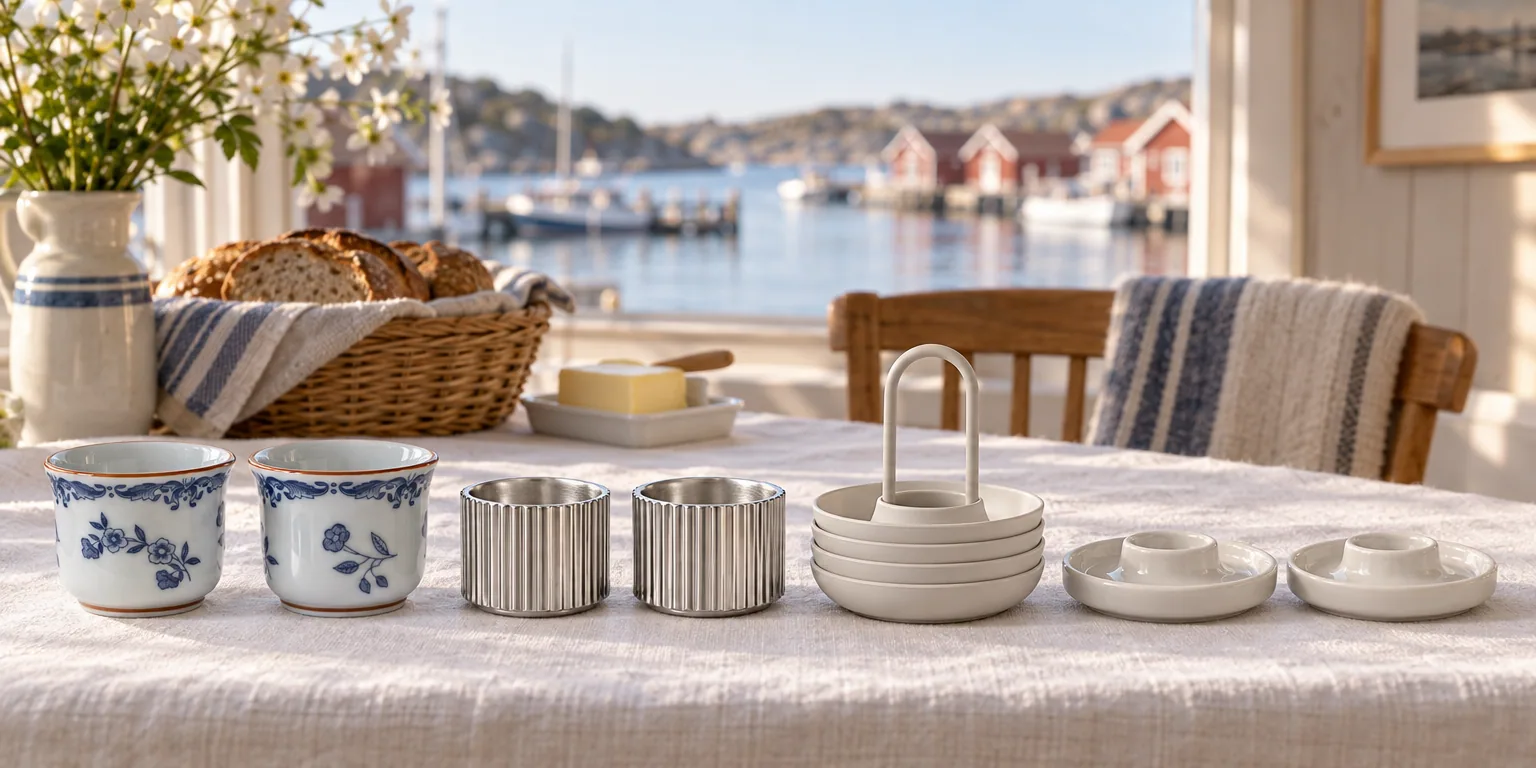 Testvinnarna från testet av äggkopp: Rörstrand Ostindia Äggkopp 2st, Georg Jensen Bernadotte Äggkopp 2st, Zone Denmark Singles Äggkopp 4st, Blomus PILAR Moonbeam Äggkopp 2st, Muubs Base äggkopp i teak