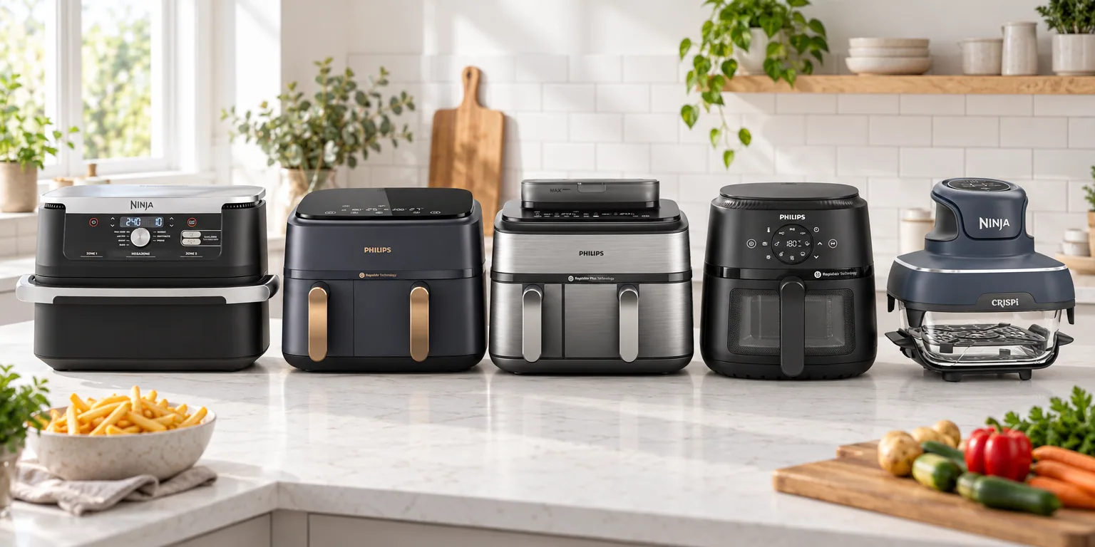 Testvinnarna från testet av airfryer: Ninja Foodi FlexDrawer AF500EU, Philips 3000 Series NA352/00, Philips 5000 Series NA555/00, Philips 2000 Series NA220/00, Ninja CRISPi 4-i-1 FN101EUGY