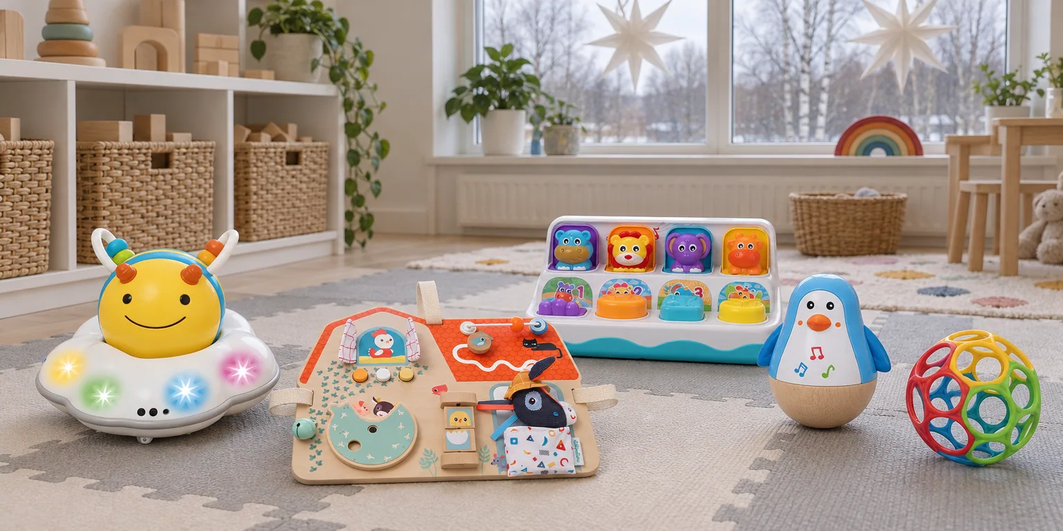 Testvinnarna från testet av aktivitetsleksak: Skip Hop Follow-Bee, Lilliputiens Farm Activity Panel, Playgro Pop Up Jungle Pals, Hape Penguin Musical Wobbler, Oball Classic 10 cm