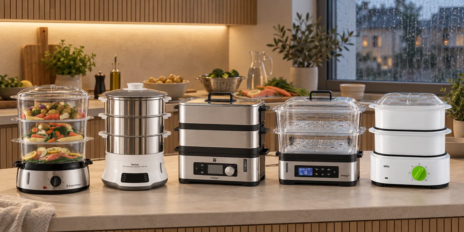 Testvinnarna från testet av ångkokare: Russell Hobbs 19270-56, Tefal VC502D, WMF Küchenminis Vitalis E, Steba DG 2, Braun FS3000
