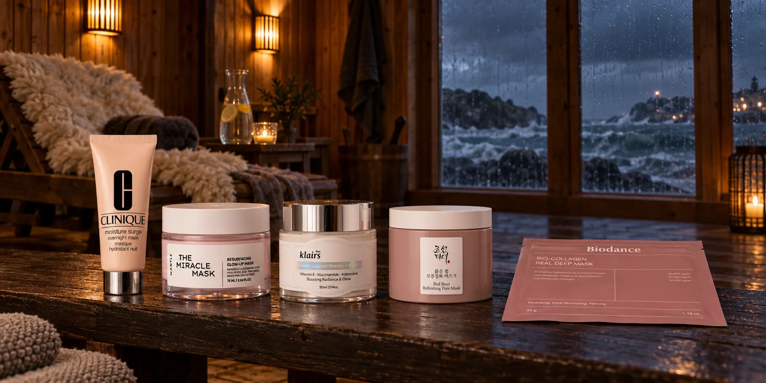 Testvinnarna från testet av ansiktsmask: Clinique Moisture Surge Overnight Mask, Mantle The Miracle Mask, Klairs Freshly Juiced Vitamin E Mask, Biodance Bio-Collagen Real Deep Mask, Beauty of Joseon Red Bean Refreshing Pore Mask