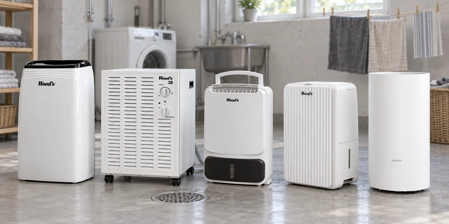 Testvinnarna från testet av avfuktare: Wood's MDK21, Wood's SW38FW, Wood's WDD80, Wood's MRD-10, Xiaomi Smart Dehumidifier Lite
