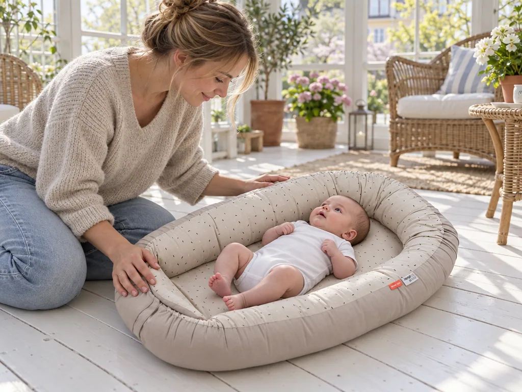 Användning babynest: Done by Deer Cozy Nest Confetti Sand i vardagen
