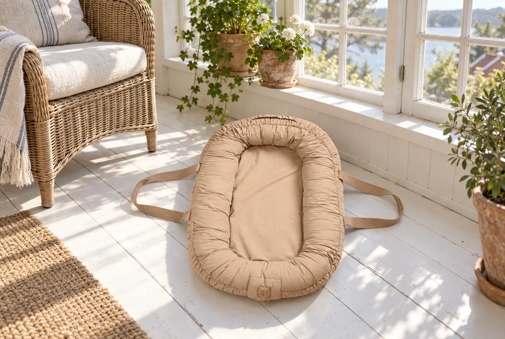 testx.se testar Elodie Details Portable Babynest Pure Khaki: bästa babylift-nest under 1 000 kr i vardagsmiljö