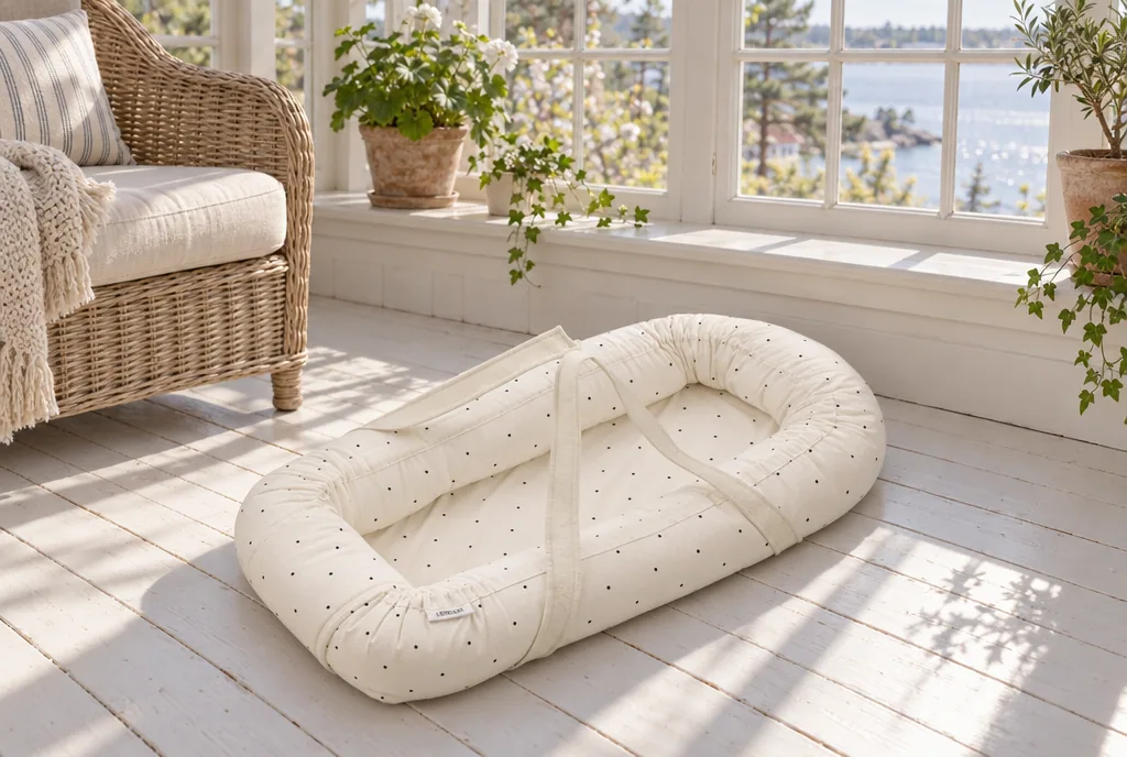 testx.se testar Liewood Gro Babynest Classic Dot: bästa kombinerade lift och nest i vardagsmiljö