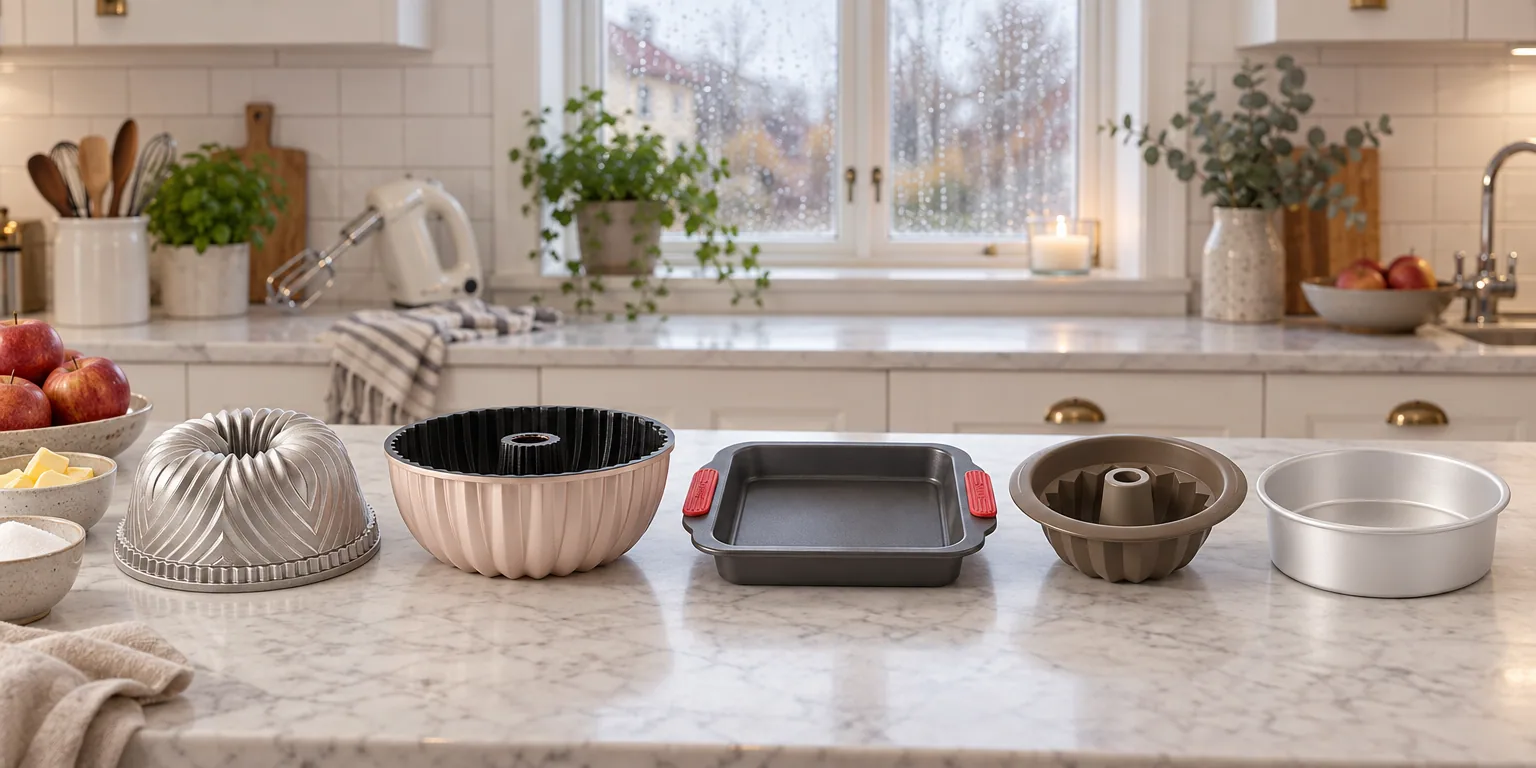 Testvinnarna från testet av bakform: Nordic Ware Bavaria 2,4 l, Heirol Vattenfall 24,5 cm, Lékué fyrkantig non-stick 20 cm, Lurch Flexiform Gugelhupf 22 cm, Wilton Performance Pans rund 20 cm