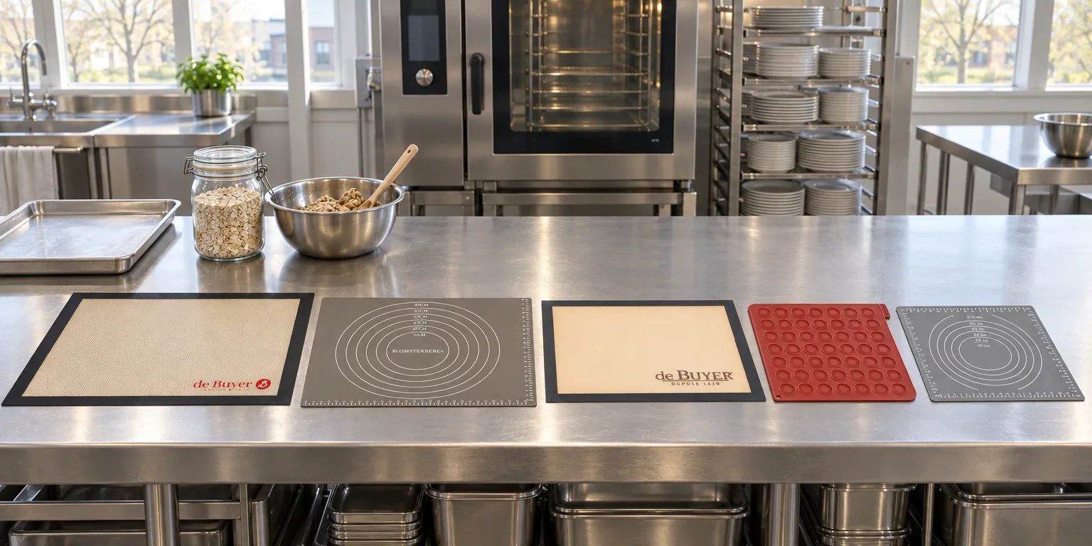 Testvinnarna från testet av bakmatta: De Buyer Non-stick 40 × 30 cm, Blomsterbergs bakmatta med mått 45 × 60 cm, De Buyer Airmat 40 × 30 cm, Silikomart Macarons MAC01, Dorre Cookie 50 × 40 cm