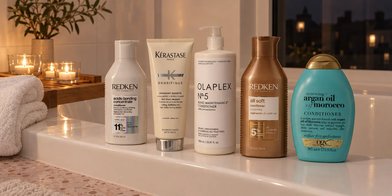 Testvinnarna från testet av balsam: Redken Acidic Bonding Concentrate Conditioner, Kérastase Densifique Fondant Densité, Olaplex No.5 Bond Maintenance Conditioner 1000 ml, Redken All Soft Conditioner, OGX Renewing + Argan Oil of Morocco Conditioner