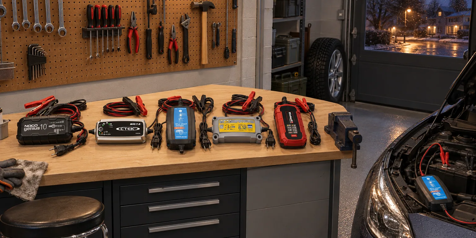 Testvinnarna från testet av batteriladdare bil: Noco Genius10, CTEK MXS 7.0, Victron Blue Smart IP65 12/15, GYS Flash 6.12, Einhell CE-BC 2 M