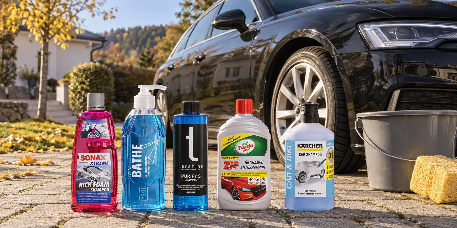 Testvinnarna från testet av bilschampo: Sonax Xtreme RichFoam Shampoo, Gyeon Q2M Bathe, Tershine Purify S, Turtle Wax Zip, Kärcher Bilschampo 3-i-1