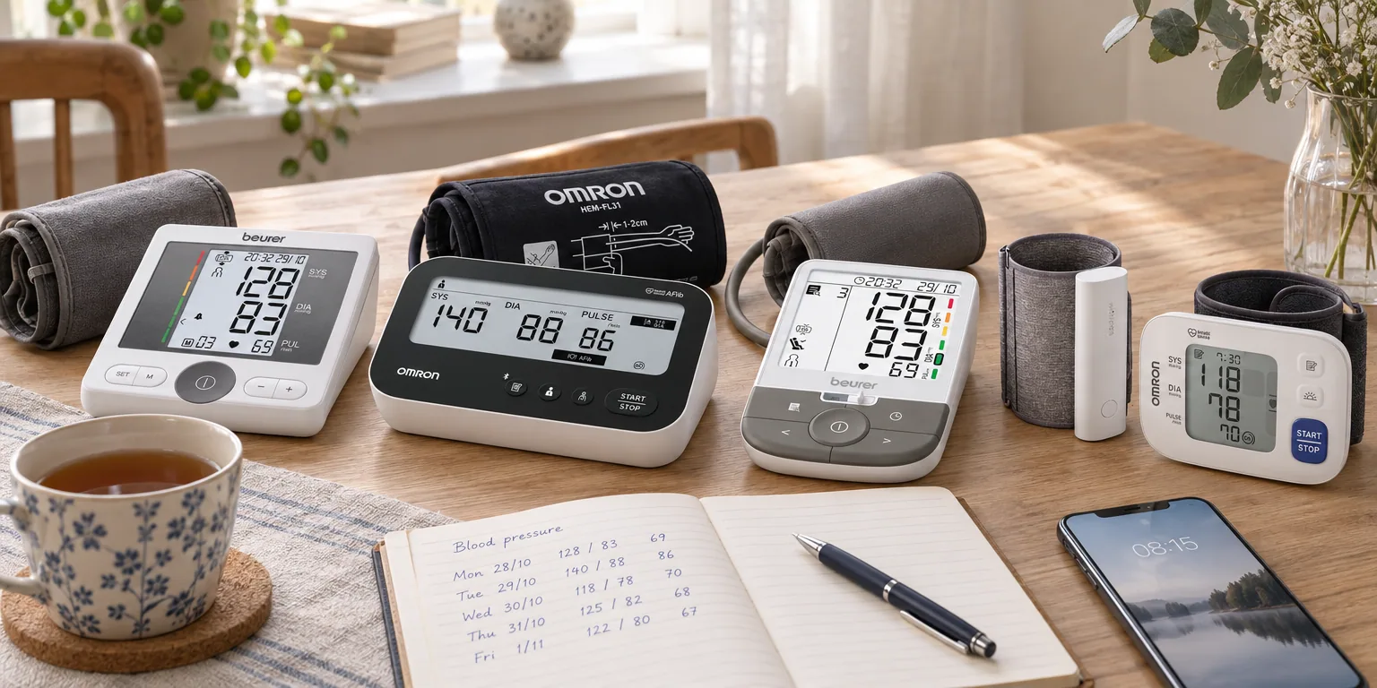 Testvinnarna från testet av blodtrycksmätare: Beurer BM 28, Omron M4 Connect AFib, Beurer BM 53, Withings BPM Connect, Omron RS4