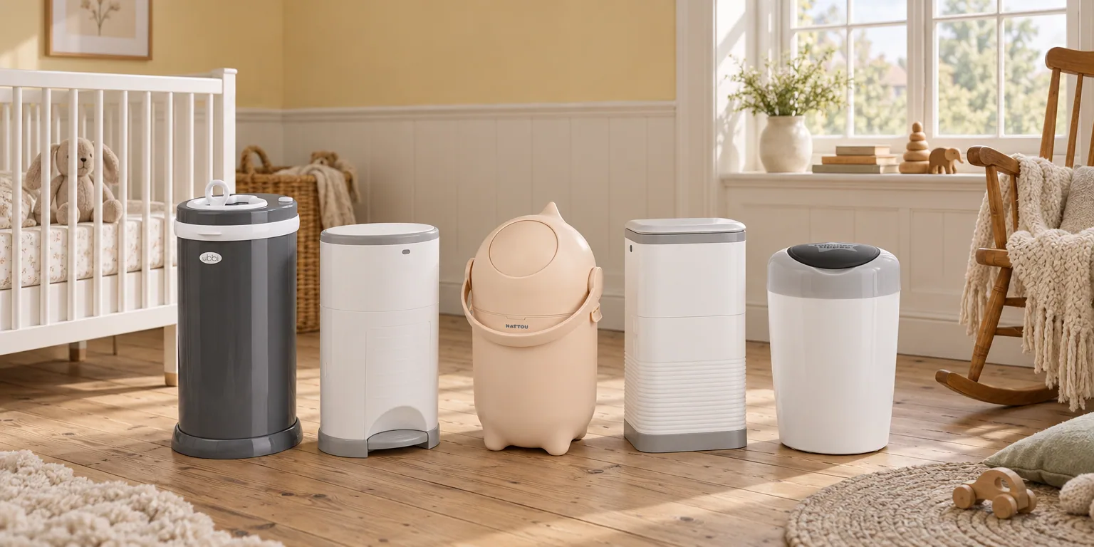 Testvinnarna från testet av blöjhink: Ubbi Blöjhink i stål, Korbell Plus 26 liter, Nattou Dropy, 2B Baby Blöjhink 16 liter, Tommee Tippee Sangenic Simplee