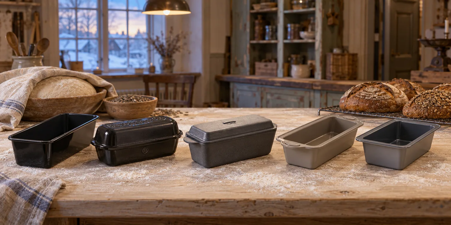 Testvinnarna från testet av brödform: Kaiser La Forme Plus 30 cm, Emile Henry Large Bread Loaf Baker 4,5 l, Holm brödform med lock 25 cm, Blomsterbergs silikonform 30 cm Latte, Blomsterbergs Latte stål 29 cm