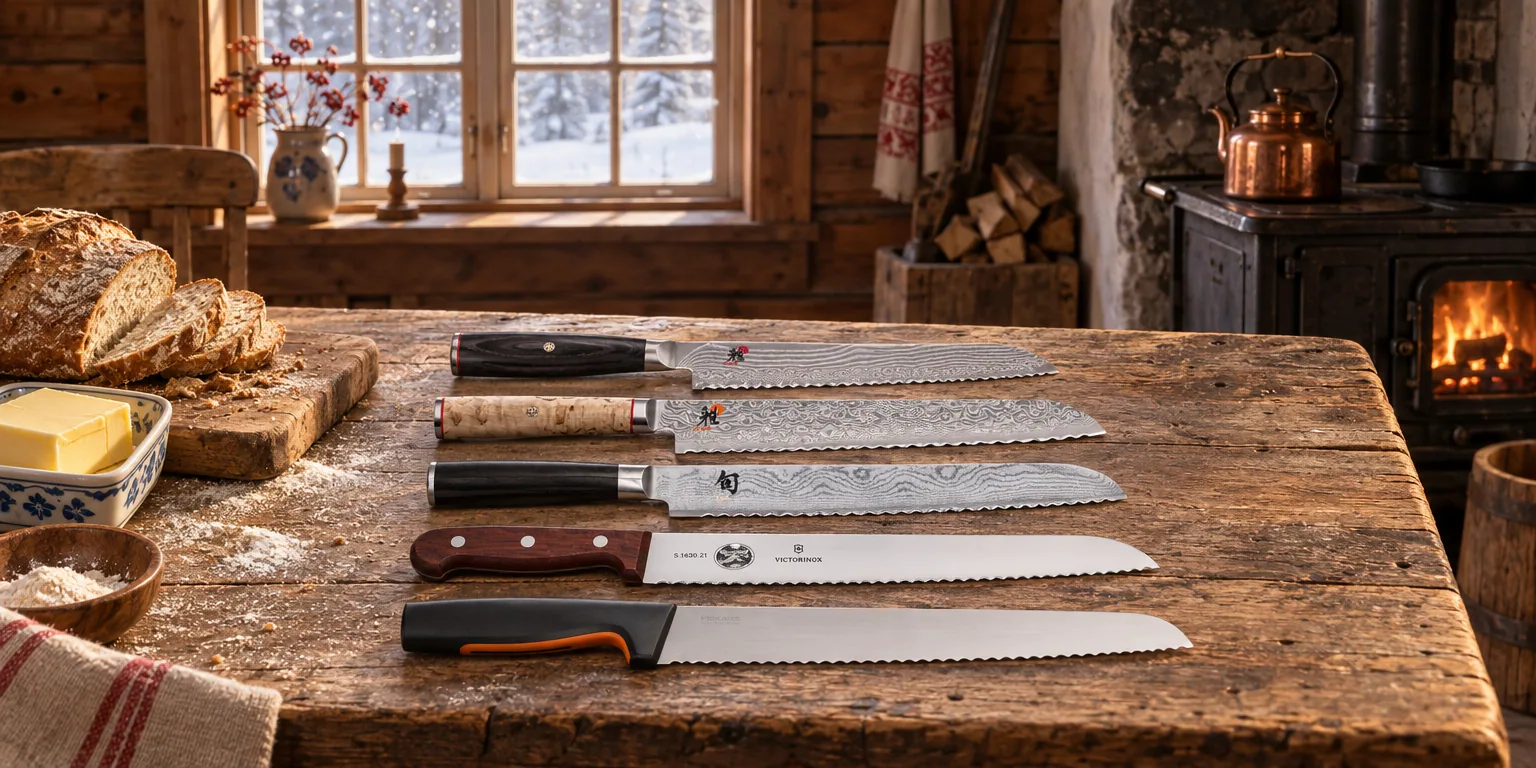 Testvinnarna från testet av brödkniv: Miyabi 5000FCD 24 cm, Miyabi Birch 5000MCD 23 cm, Kai Shun Classic DM-0705, Victorinox Wood 21 cm, Fiskars Functional Form 21 cm