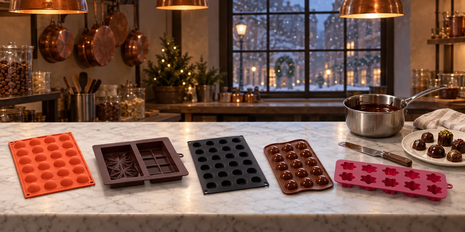 Testvinnarna från testet av chokladform: Silikomart Semisfera SF006, Zenker Dubai dubbelform, Lékué Halvsfärer 6, Silikomart Tartufino, Nordwik Snöflinga