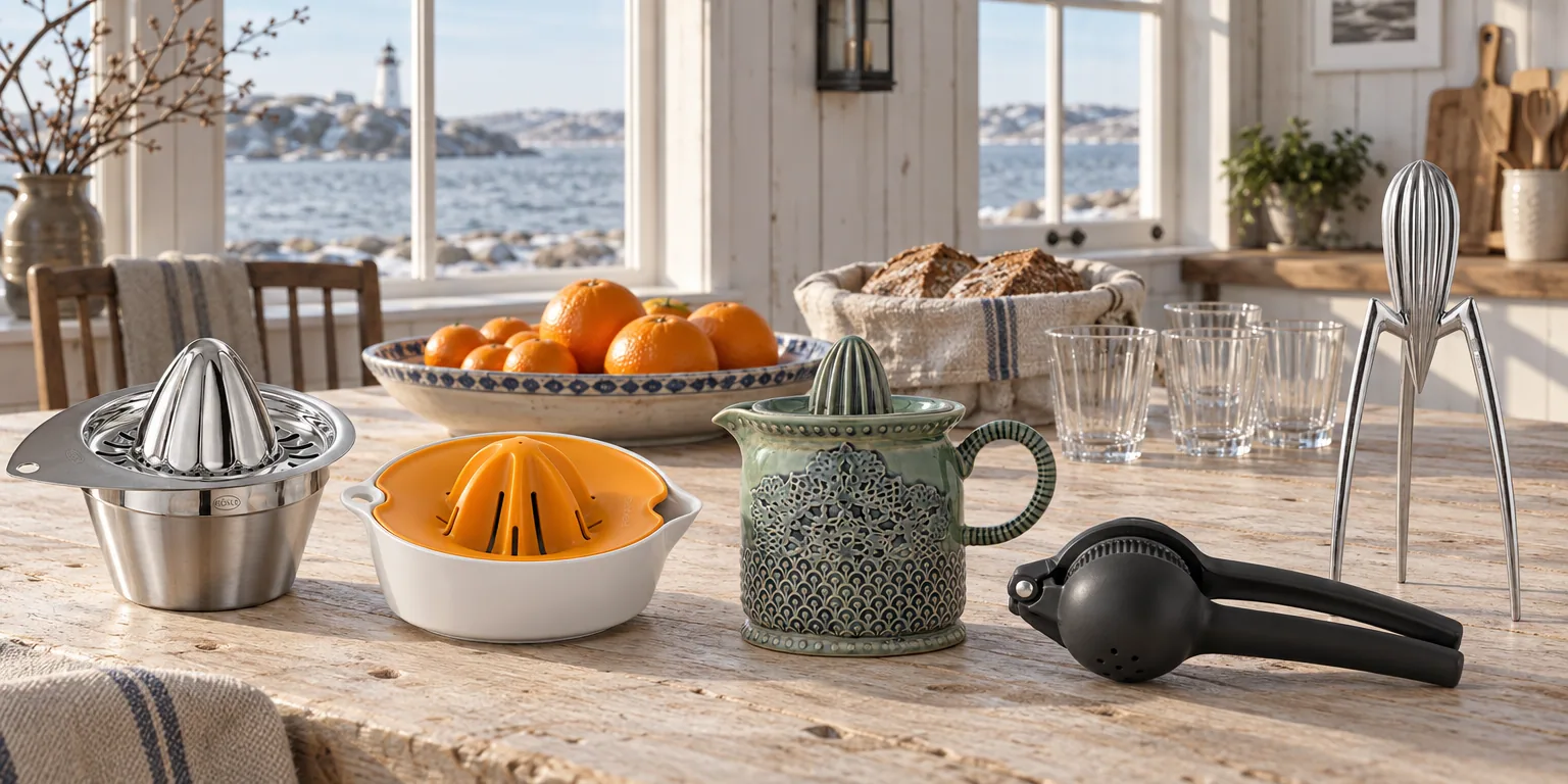 Testvinnarna från testet av citruspress: Rösle Citruspress 12802, Fiskars Functional Form Citruspress, Creative Collection Liselu Citruspress, Dorre Cyra Citruspress, Alessi Juicy Salif