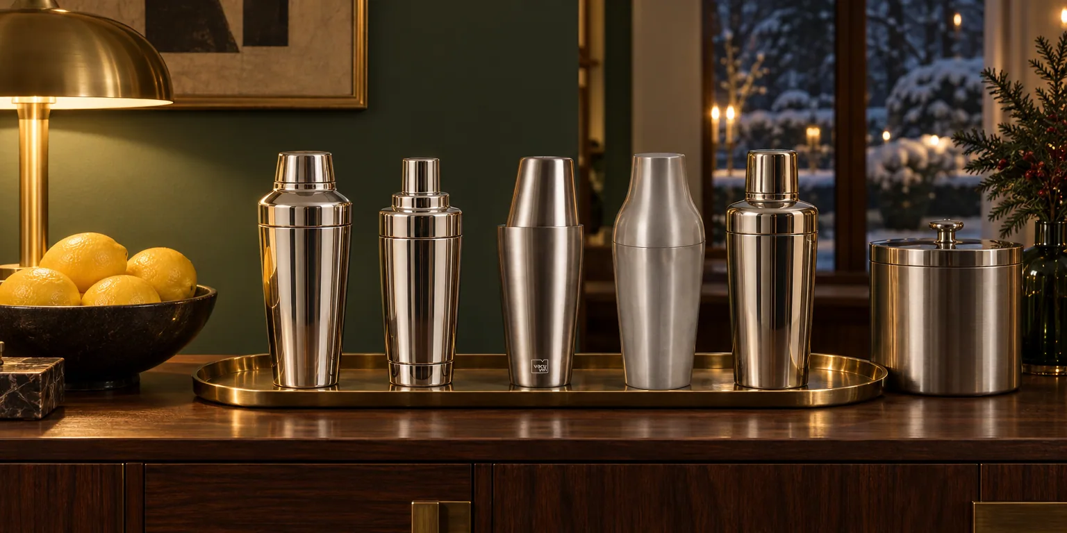Testvinnarna från testet av cocktailshaker: Rosendahl Grand Cru Shaker 58 cl, Georg Jensen Manhattan Cocktailshaker, Vacu Vin Tin on Tin 70 cl, Exxent French Cocktail Shaker 50 cl, House Doctor Kett Shaker 65 cl
