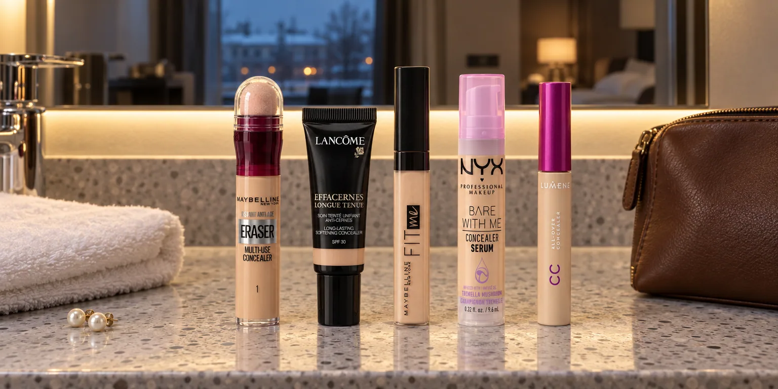 Testvinnarna från testet av concealer: Maybelline Instant Eraser Concealer, Lancôme Effacernes Longue Tenue, Maybelline Fit Me Concealer, NYX Bare With Me Concealer Serum, Lumene CC All-Over Concealer