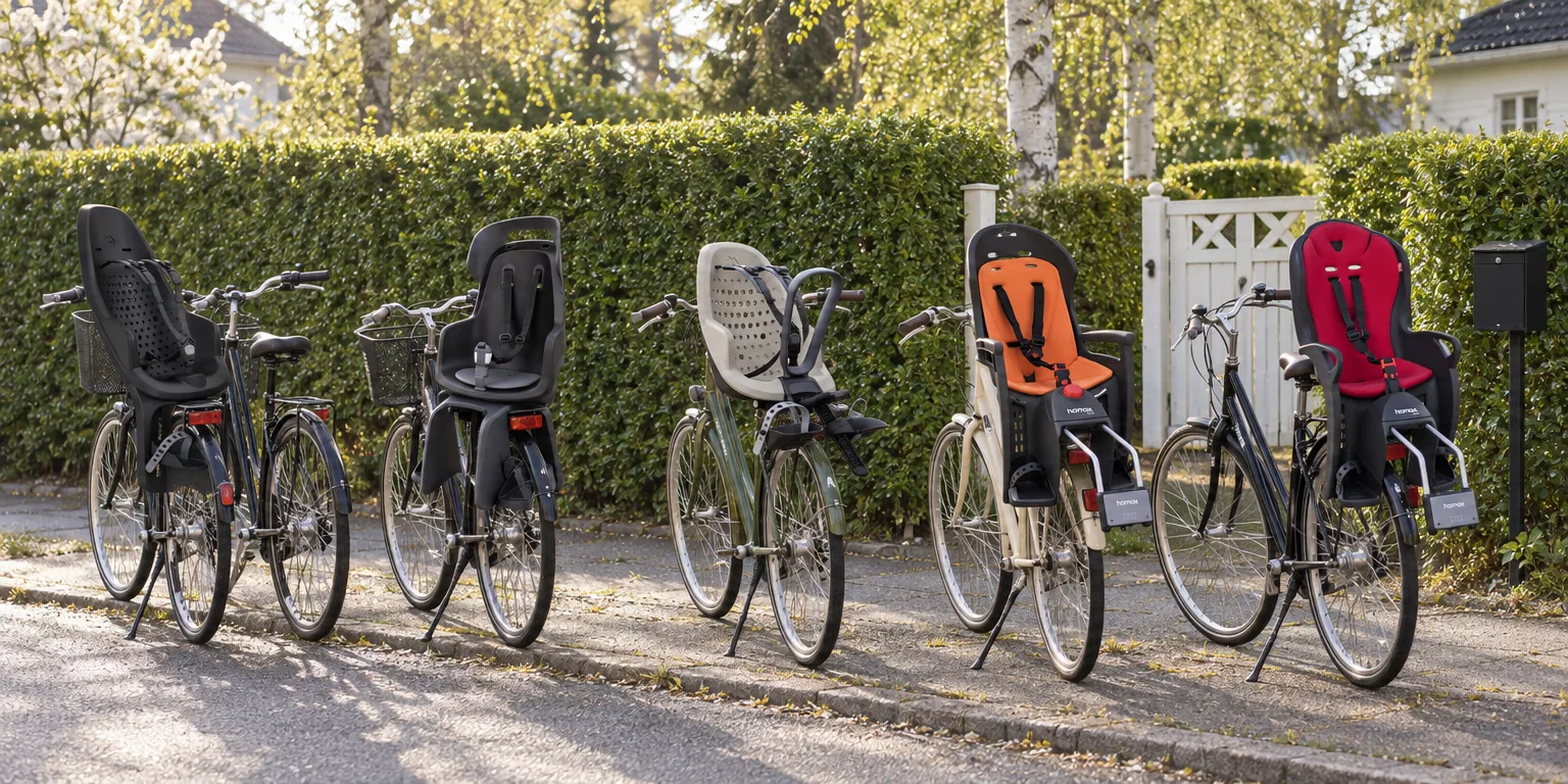 Testvinnarna från testet av cykelsits: Thule Yepp 2 Maxi Rack Mount, Bobike Go Maxi AVS+, Thule Yepp 2 Mini Front Mount, Hamax Siesta Frame, Hamax Kiss