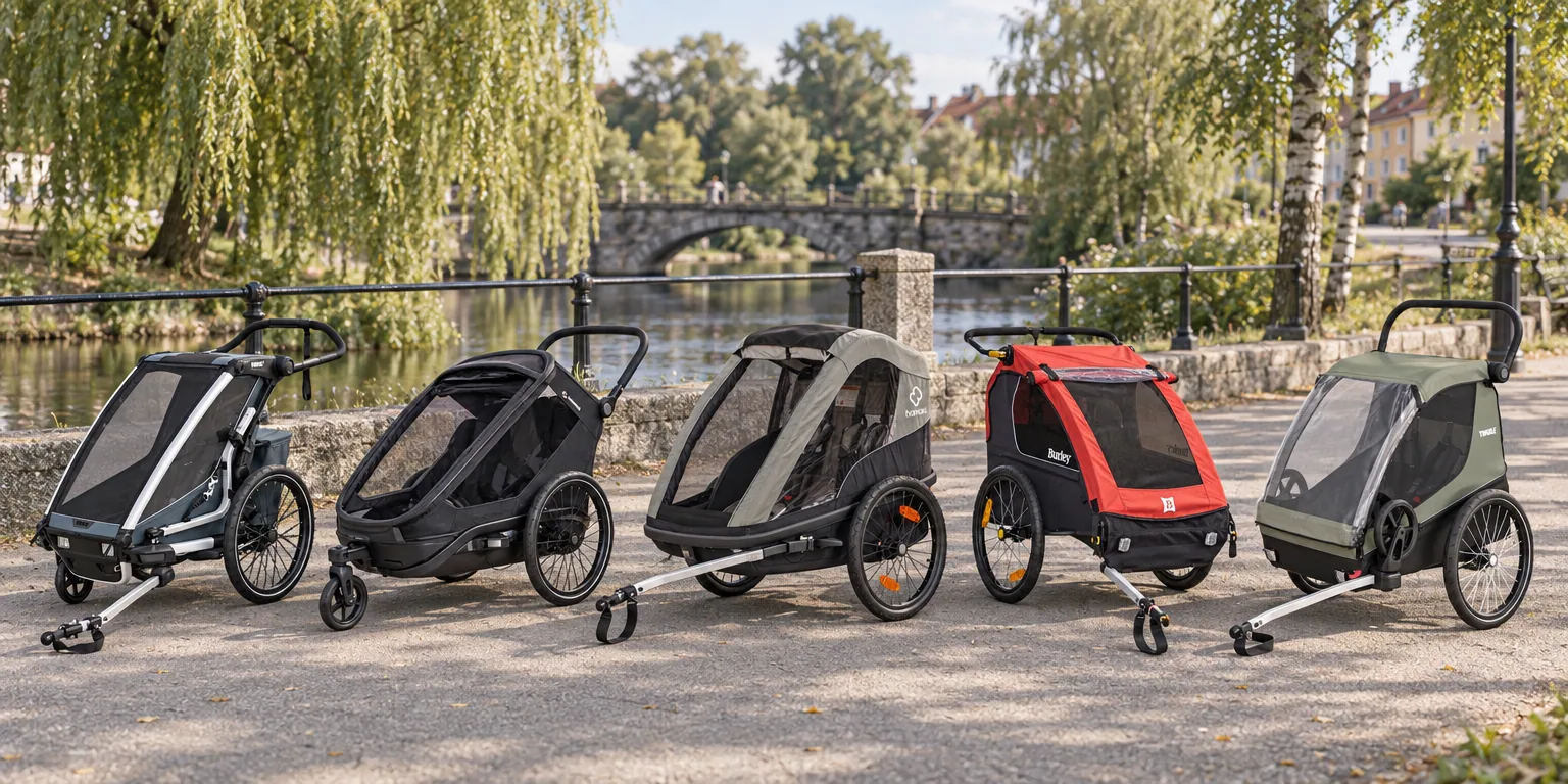 Testvinnarna från testet av cykelvagn: Thule Chariot Cross 2 Single, Hamax Outback Next Double, Hamax Avenida One, Burley Honey Bee, Thule Courier