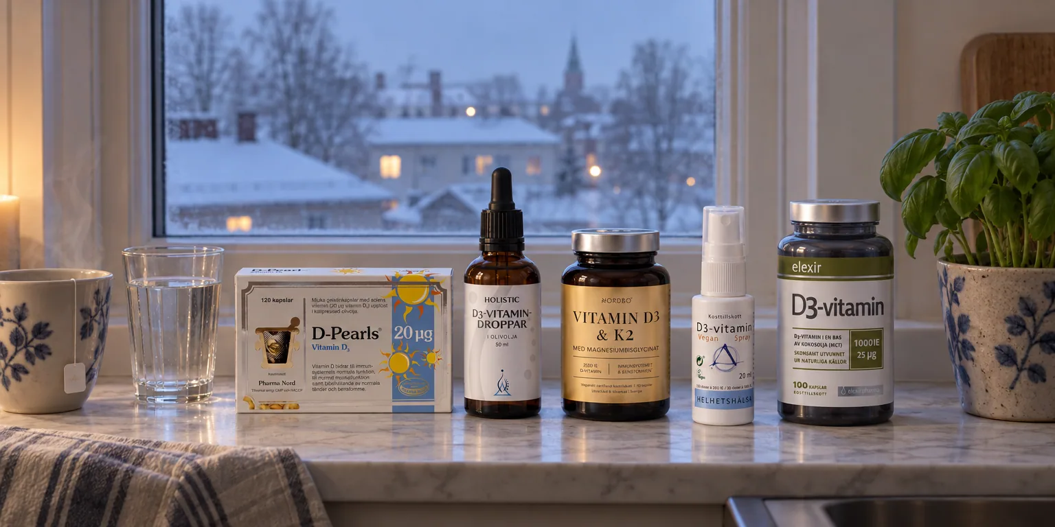 Testvinnarna från testet av D-vitamin: Pharma Nord D-Pearls 20 µg, Holistic D3-vitamin droppar 50 ml, Nordbo D3 & K2, Helhetshälsa D3-vitamin spray vegan, Elexir Pharma D3-vitamin 1000 IE