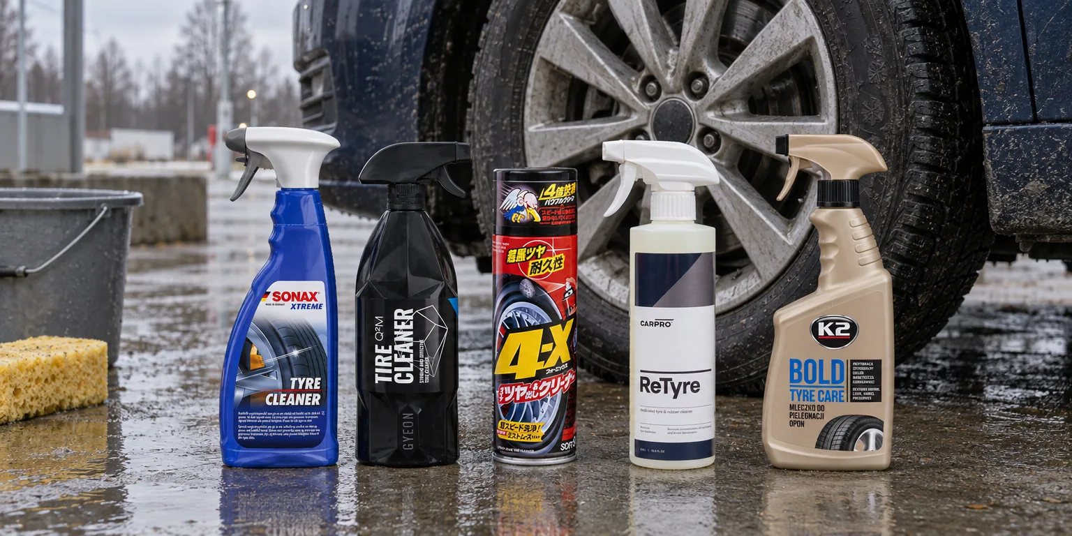 Testvinnarna från testet av däckrengöring: Sonax Xtreme Tyre Cleaner, Gyeon Q²M TireCleaner, Soft99 4-X Tire Cleaner, CarPro ReTyre, K2 Bold Tyre Care