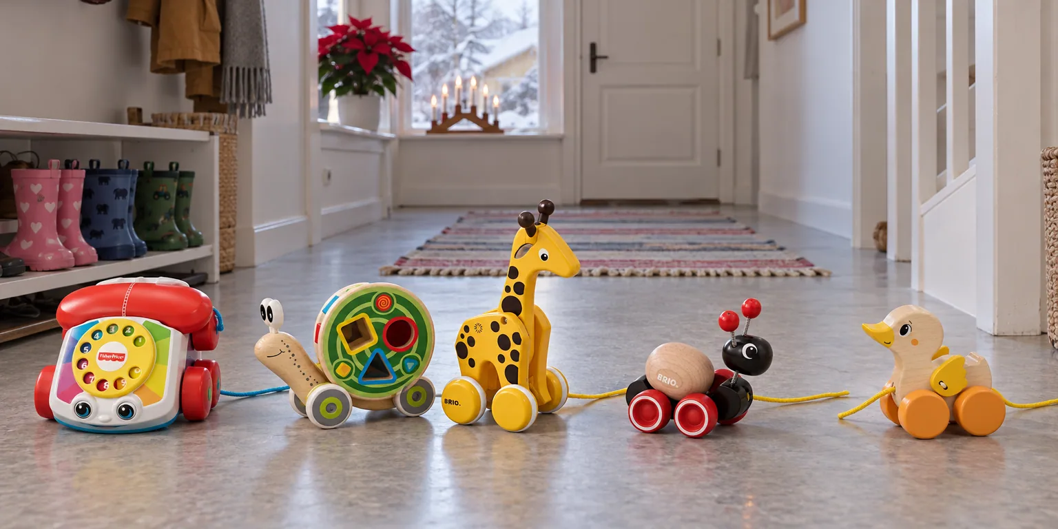 Testvinnarna från testet av dragleksak: Fisher-Price Chatter Telephone, Hape Walk-A-Long Snail, BRIO Giraff 30200, BRIO Myra 30348, Goki Drakande Anka