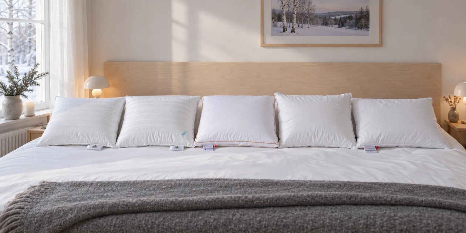 Testvinnarna från testet av dunkudde: Engmo Dun Astrid Mjuk & Hög, Engmo Dun Cecilia 3-kammar Hög, Ringsted Dun Svinaherden Medium, Høie Freja Medium, Ringsted Dun Classic Comfort Medium