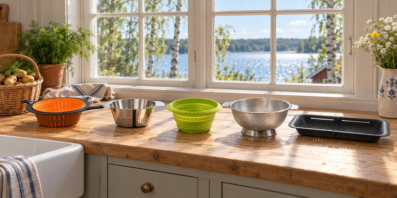 Testvinnarna från testet av durkslag: Fiskars Functional Form 26 cm, Rösle Conical 24 cm, Lékué Collapsible 23 cm, Dorre Dara 22,5 cm, Westmark utdragbar diskhosil