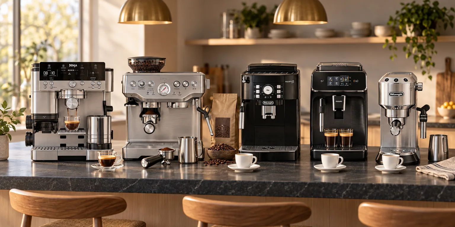 Testvinnarna från testet av espressomaskin: Ninja Luxe Café Premier ES601EU, Sage The Barista Express Brushed Stainless Steel, De'Longhi Magnifica S ECAM 21.117.B, Philips Series 2200 EP2220/10, De'Longhi EC685.M Dedica