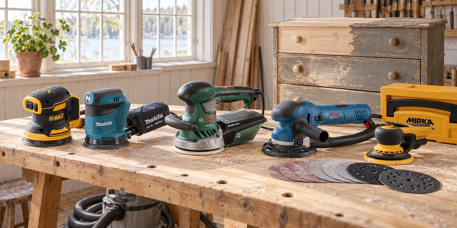 Testvinnarna från testet av excenterslip: Dewalt DCW210N-XJ Solo, Makita DBO180Z Solo, Bosch PEX 400 AE, Bosch GET 75-150 Professional, Mirka DEROS II 5650