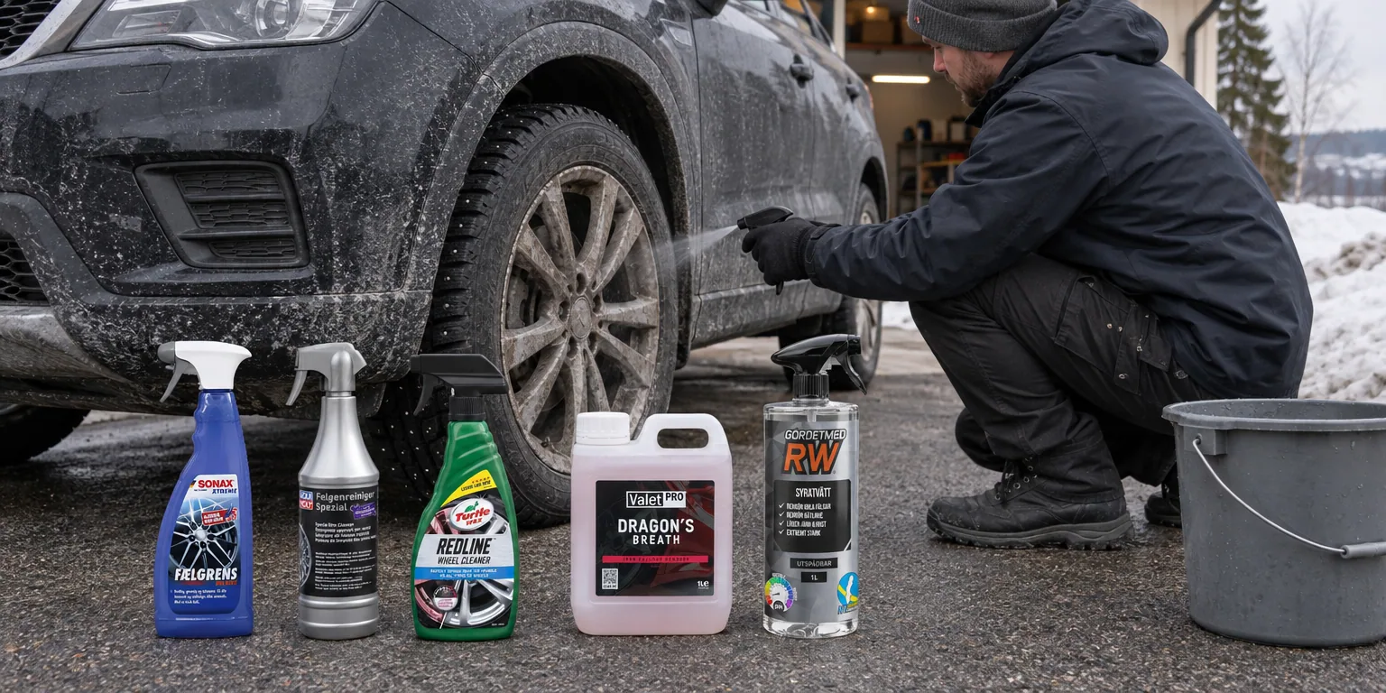 Testvinnarna från testet av fälgrengöring: Sonax Xtreme Wheel Cleaner Plus, Liqui Moly Felgenreiniger Spezial, Turtle Wax Redline Wheel Cleaner, ValetPRO Dragon's Breath, GörDetMedRW Syratvätt