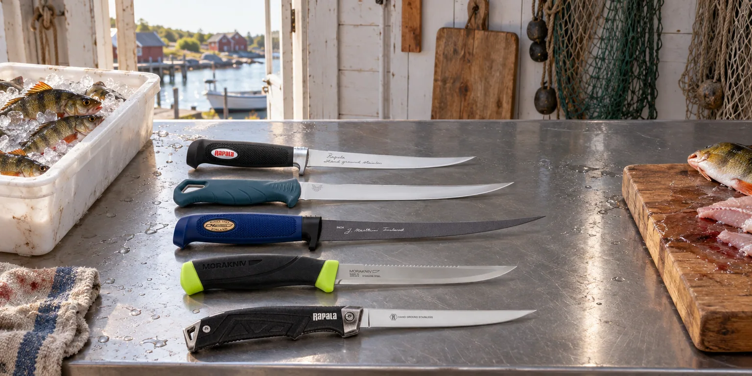 Testvinnarna från testet av filékniv: Rapala Soft Grip 23 cm, Benchmade Fishcrafter 18020, Marttiini Martef 19, Morakniv Fishing Scaler 150, Rapala RCD Folding Fillet