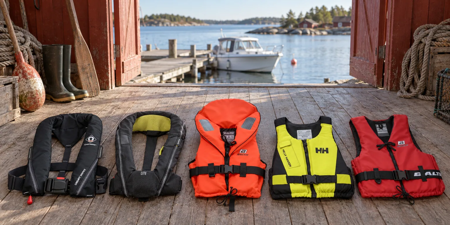 Testvinnarna från testet av flytväst: Crewsaver Crewfit 165N Sport, Spinlock Deckvest Lite 170N, Baltic Skipper 100N barn, Helly Hansen Rider Vest 50N, Baltic Aqua Pro 50N