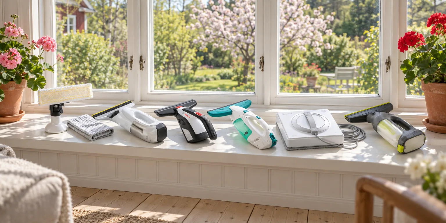 Testvinnarna från testet av fönstertvätt: Kärcher WV 6 Plus, Bosch GlassVAC Solo Plus, Leifheit Dry & Clean 51000, Ecovacs Winbot W2 Pro Omni, Ryobi RWV18-0 One+