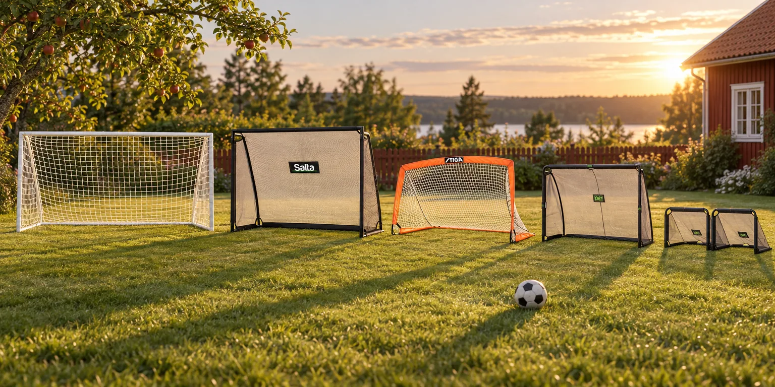 Testvinnarna från testet av fotbollsmål: Salta Legend med Sharpshooter 220x170 cm, Exit Toys Finta 300x200 cm, STIGA Goal Match L, Exit Toys Pico 90x60 cm, SportMe Pro 370