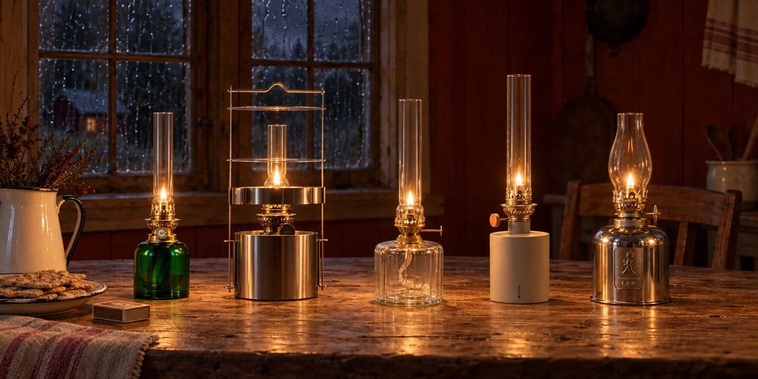 Testvinnarna från testet av fotogenlampa: Karlskrona Lampfabrik Skeppsholmen Grön, Stelton EM Skeppslampa 34 cm, Strömshaga Fotogenlampa Rak Stor, Klong Patina Liten, Solstickan Fotogenlampa Silver