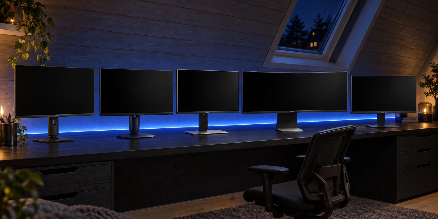 Testvinnarna från testet av gamingskärm: MSI MPG 321URX QD-OLED, Dell Alienware AW2725DM, Samsung Odyssey OLED G6 G60SF, Samsung Odyssey OLED G8 G85SD, LG UltraGear 27G411A