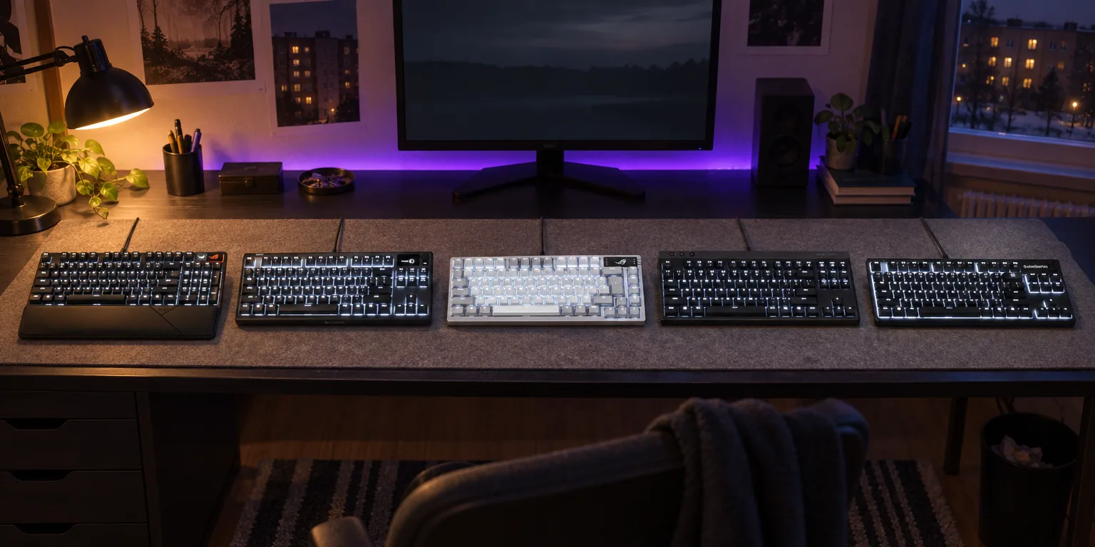 Testvinnarna från testet av gamingtangentbord: ASUS ROG Strix Scope II 96 Wireless, SteelSeries Apex Pro TKL Gen 3, ASUS ROG Azoth, Logitech G515 Lightspeed TKL, SteelSeries Apex 3 TKL