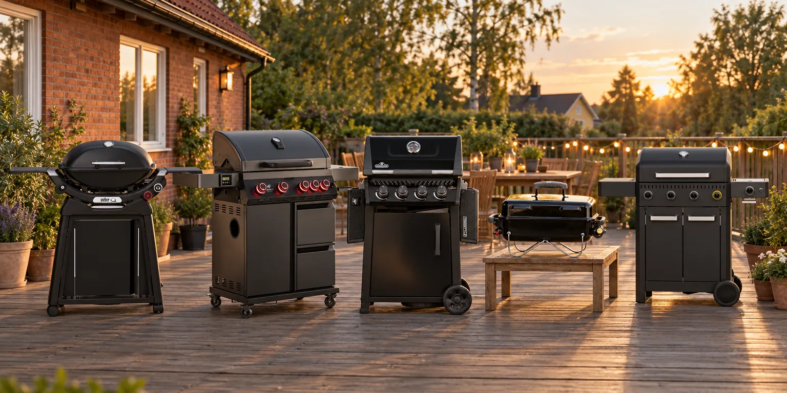 Testvinnarna från testet av gasolgrill: Weber Q 2800N+, Landmann Cool Black 4.1 MaxX, Napoleon Freestyle 425D, Weber Go-Anywhere Gas, Mustang Connoisseur 4+1