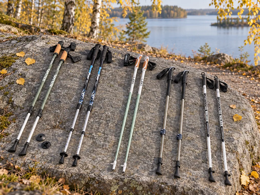 Olika sorters gåstavar: de fem testade modellerna sida vid sida