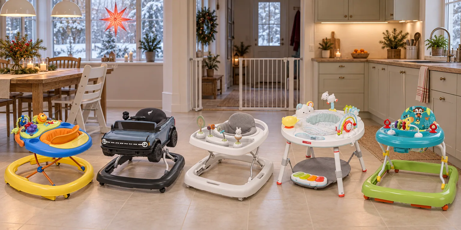Testvinnarna från testet av gåstol: Chicco Walky Talky, Bright Starts Ford Bronco 4-i-1, Ingenuity Step & Sprout 3-i-1, Skip Hop Silver Lining Cloud, Bright Starts Giggling Safari