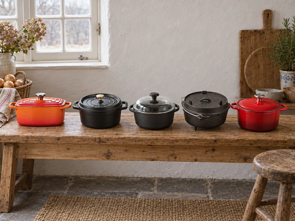 Olika sorters gjutjärnsgryta: de fem testade modellerna sida vid sida