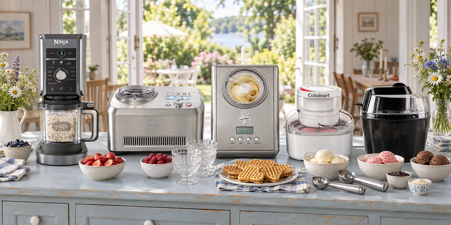 Testvinnarna från testet av glassmaskin: Ninja CREAMi Deluxe NC502EU, Sage The Smart Scoop, Wilfa ICM-C15, Cuisinart Solo Scoops ICEM10E, Champion CHGM210