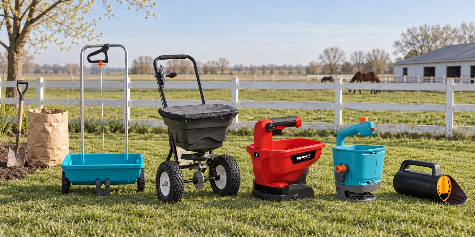 Testvinnarna från testet av gödselspridare: Gardena Spreader L, Hecht 229, Einhell GE-US 18 Li Solo, Gardena Handspreader M, Fiskars Solid Spreader