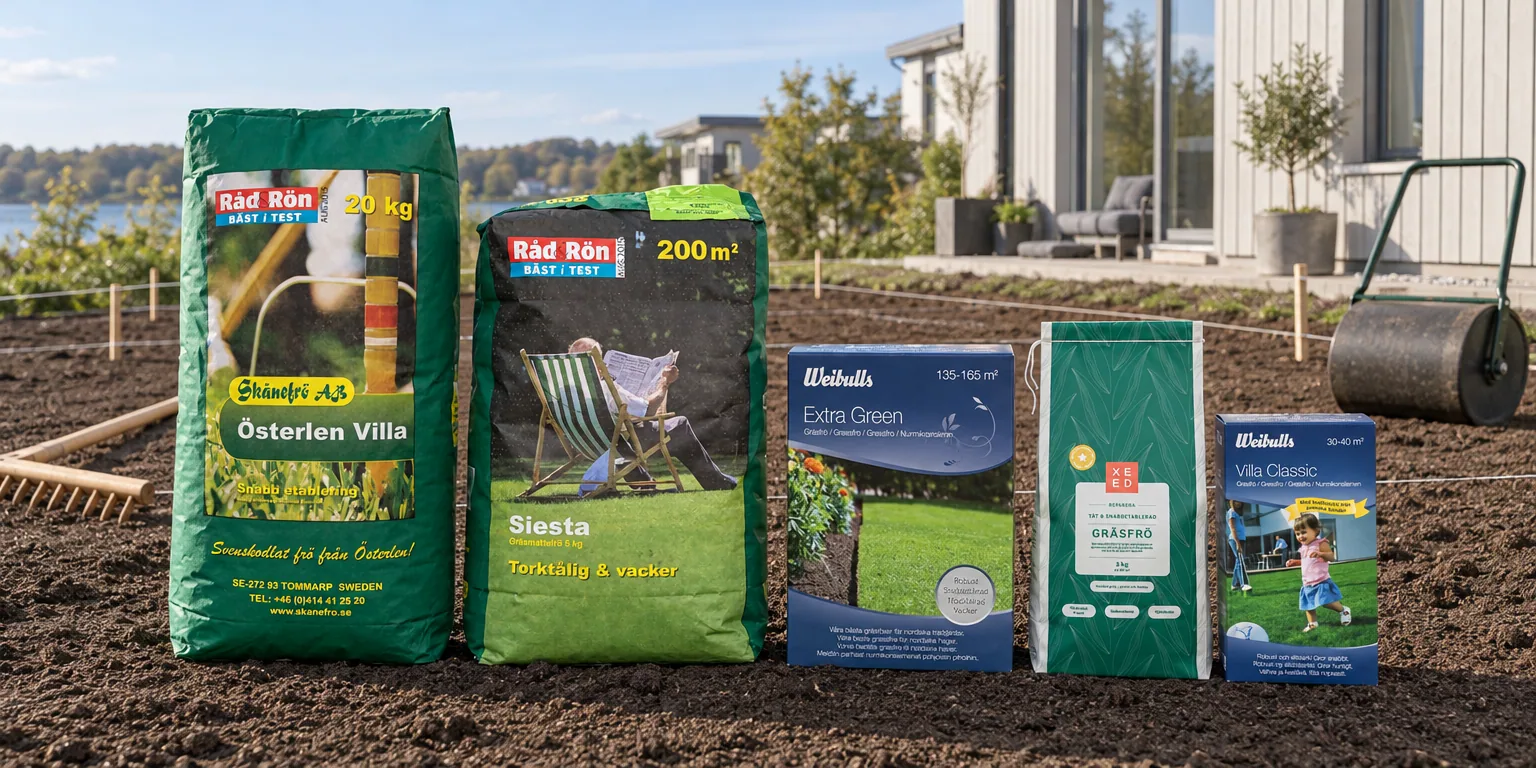 Testvinnarna från testet av gräsfrö: Skånefrö Österlen Villa 15 kg, Weibulls Extra Green 12 kg, Skånefrö Siesta 5 kg, Xeed Reparera 5 kg, Weibulls Villa Classic 1 kg