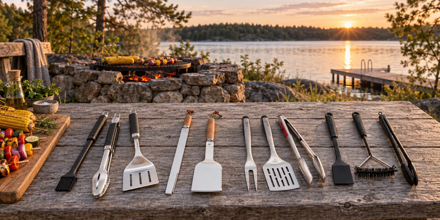 Testvinnarna från testet av grillbestick: Weber Precision 3 delar, Fiskars Norden Grill Chef 2 delar, Char-Broil Comfort Grip 3 delar, Dorre BBQ 5 delar i box, Mustang Black Line 3 delar
