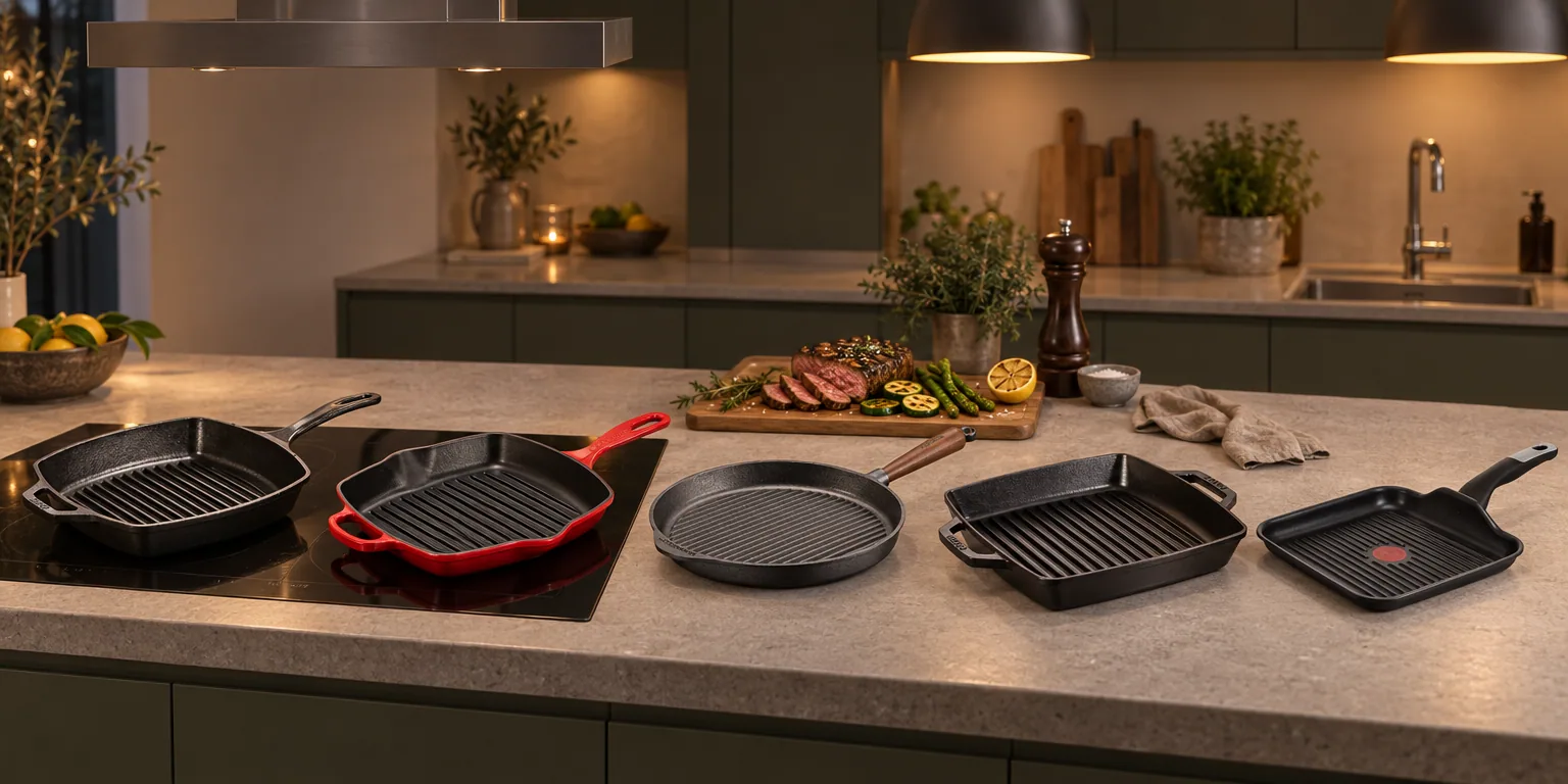 Testvinnarna från testet av grillpanna: Lodge Classic 26,7 cm, Le Creuset Signature 26 cm, Skeppshult Traditional 28 cm, Staub Square 28 cm, Tefal Unlimited 26 cm