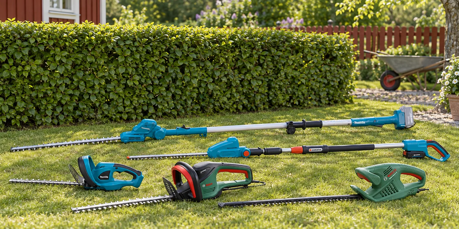 Testvinnarna från testet av häcksax: Makita DUH523Z 18V Solo, Bosch Advanced HedgeCut 70, Makita DUN461WZ Solo, Gardena THS 42/18V P4A (1x2.5Ah), Bosch EasyHedgeCut 55